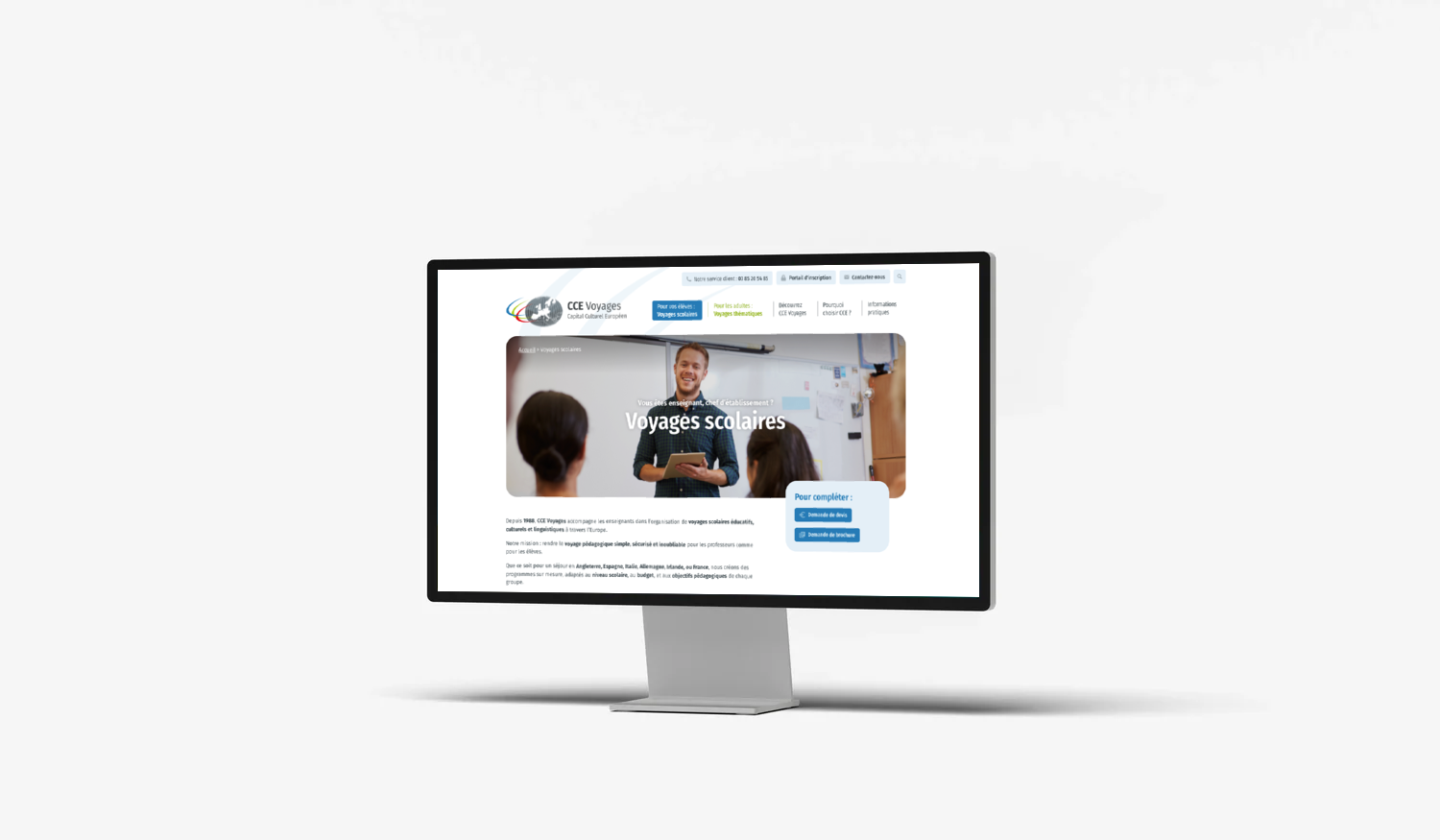 Site de CCE Voyages présentant son offre de voyages scolaires sur un écran d’ordinateur.