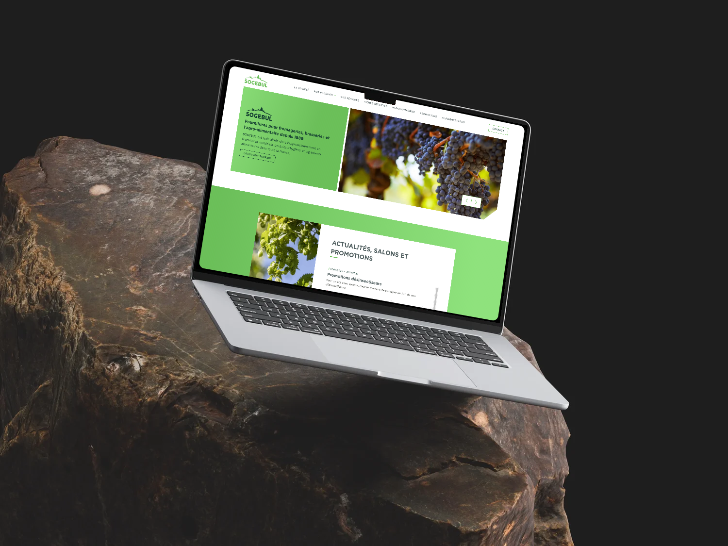 Site de Sogebul, fournisseur pour les fromageries et l’agroalimentaire, affiché sur ordinateur portable.