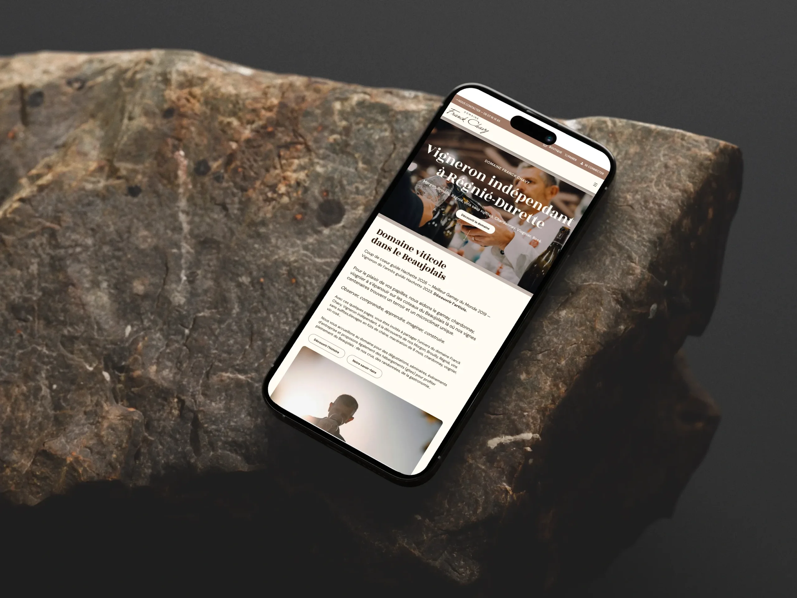 Site e-commerce de Franck Chavy, vigneron dans le Beaujolais, affiché sur smartphone avec une présentation de ses vins.